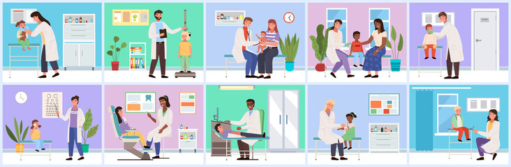 Set of illustrations about provision of medical services. Doctor working with patients in hospital