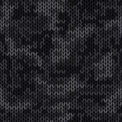 Knitted camouflage seamless pattern. Woolen black knitted texture. Vector camo background
