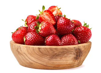 Wooden bowl of Fresh strawberry isolated on white background