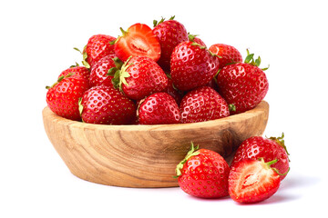 Wooden bowl of Fresh strawberry isolated on white background