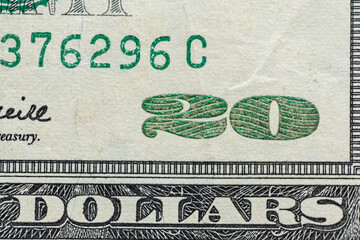 Twenty dollar banknote. USA money, USD currency. Closeup of cash banknotes. Federal Reserve USA