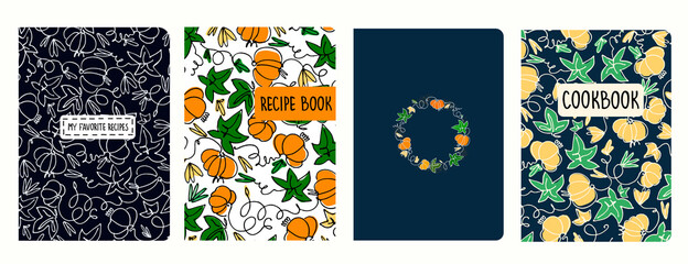 Cover page templates for recipe books based on seamless patterns with pumpkins. Headers isolated and replaceable
