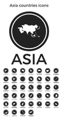 Asia countries icons. Black round logos with continent countries maps and titles. Vector illustration.