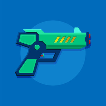 Green pistol from science fiction movie on blue background
