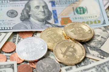 Bitcoin Crypto Currency and US Dollar Banknotes and Coins. Trade Fiat with Crypto Currency Concept. Gold, Silver Coins. 