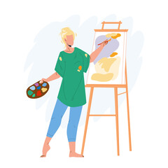 Artist Woman Painting Picture On Canvas Vector. Young Girl Artist Drawing And Creating In Studio With Brush And Paint. Character Artistic Painter Creativity Flat Cartoon Illustration