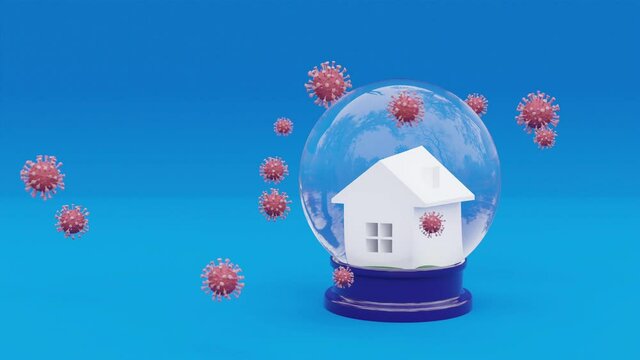 3d rendering animation of flying molecule of coronavirus around house. Video for awareness campaign and coronavirus prevention. Stay at home stay safe. Prevention from virus pneumonia copy space
