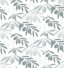 Seamless hand drawn pattern with olive branches isolated on white background. Silhouette olive tree branches for menu, greeting cards, wallpapers, covers.