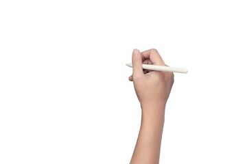 Woman’s right hand using stylus pen on top view, isolated on white with copy space on the left.