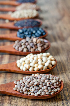 Closed up dry organic lentils seeds in wooden spoon over blur background of soybean, chickpea, black bean, rice, flax seed, and qunioa on wooden background