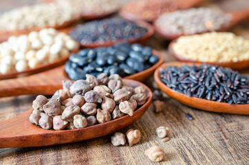 Closed up dry organic brown chickpea in wooden spoon with blur soybean, black bean, quinoa, flax seeds, rice, and lentils. for healthy food or agricultural product concept