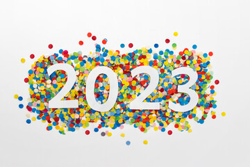New year 2023 number made of white paper arranged on colorful confetti on white paper.