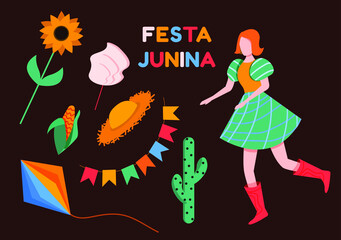 set of items for the brazilian summer festival - festa junina. dancing girl and isolated images.