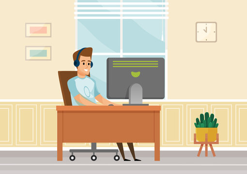 Man in casual outfit and headphones sitting at home on chair and browsing or working on computer