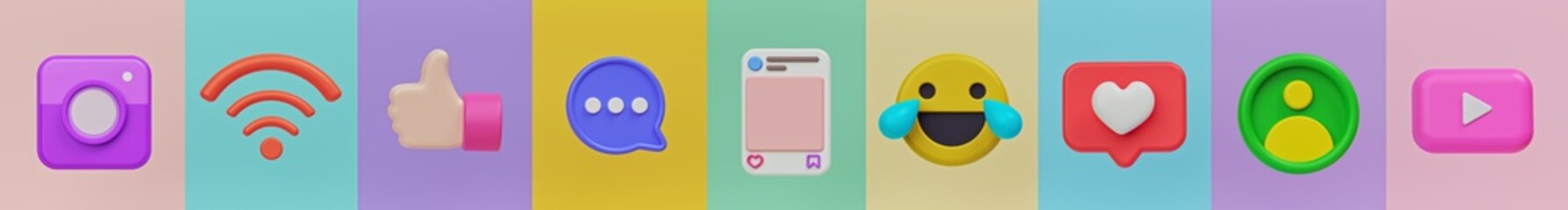 social media related icons set. minimal trendy colorful banner for website. 3d rendering
