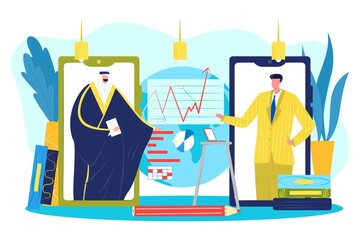 Concept modern successful online business, vector illustration. People work through computer Internet technologies. Entrepreneurs analyze chart.