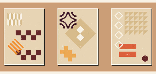 A set of three colorful aesthetic geometric backgrounds. Minimalistic posters for social media, cover design, web, home decor. Vintage illustrations with stripes, shapes, semicircles, lines.