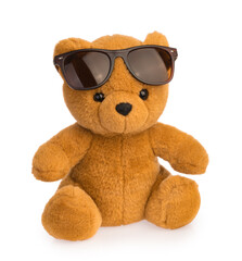 toy bear wearing sunglasses isolated clipping path