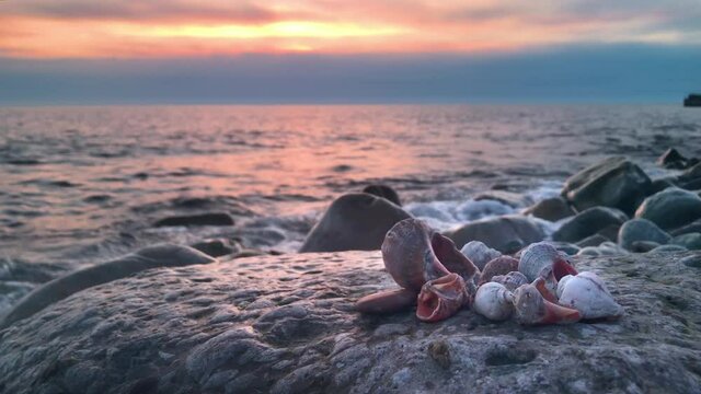 Evening beach beach at sunset with waves of stones shell beams of the sun