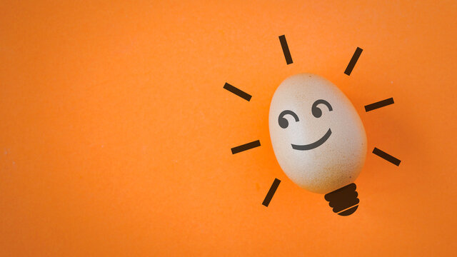smiling face of light bulb egg shell on grunge vivid orange paper for good idea , brain storm, saving energy, natural energy resources concept with copy space