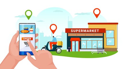 Supermarket delivery service, courier order food from online store, vector illustration. Flat grocery shop designat smartphone app.