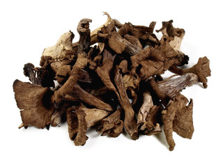 Dried Trumpet Mushrooms on white Background Isolated