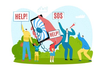 Obraz premium Digital addiction protest, flat modern lifestyle vector illustration. Man woman people need help from cartoon mobile, tablet device design.