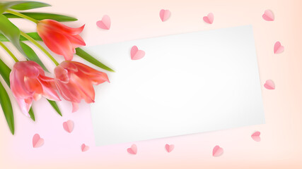 Composition of realistic tulips and paper hearts on pink background. Bouquet of tulips buds with paper card. Template for invitation card, banner, poster with spring flowers. Vector illustration