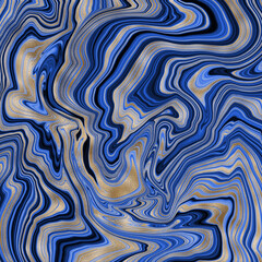Blue liquid abstract marble pattern with golden texture. Agate style.