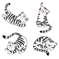 little tigers playing around vector line illustration
