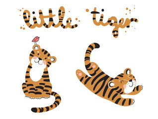 little tigers sitting and jumping  vector illustration