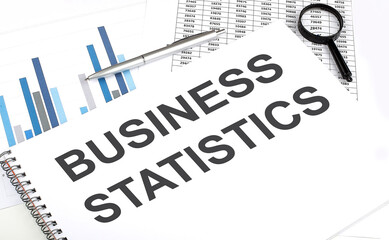 In the notebook, the text BUSINESS STATISTICS , next to magnifier and a pen, the background is graphics.