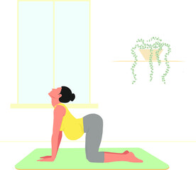Vector illustration of a pregnant woman doing yoga cat pose. Pregnant girl practices Marjariasana Asana
