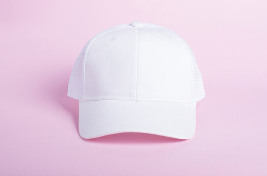 White Baseball Cap Mockup Blank Trucker Hat Isolated On Pink Background Front View
