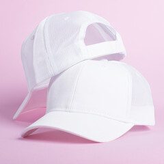 Two white baseball caps isolated on a pink background, front and back view, two blank trucker hats...