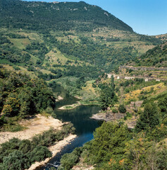 Fototapeta na wymiar Florac. River. France. Mountains. Lozère department in southern France