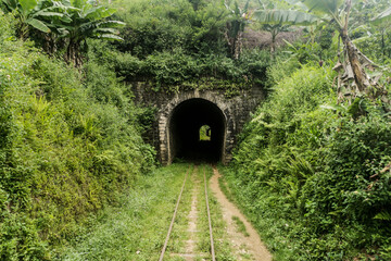 Two old tunnels in the jungle on the old Madagascarian FCE railway from Fianarantsoa to Manakara,...