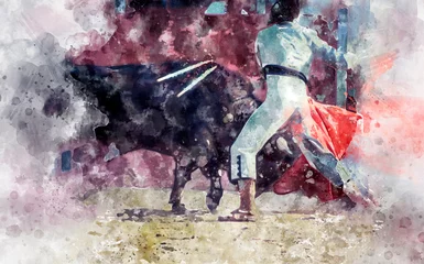 Fototapeten Watercolor, spectacle of bullfighting, where a bull fighting a bullfighter Spanish tradition © Fernando Cortés