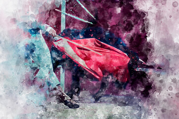 Watercolor, spectacle of bullfighting, where a bull fighting a bullfighter Spanish tradition