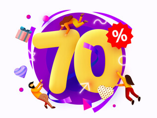 Mega sale. 70 percent discount. Special offer background with flying people. Promotion poster or banner.