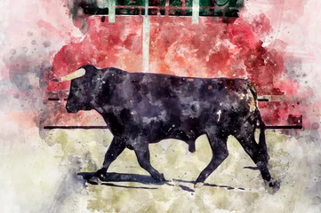 Deurstickers Watercolor, Courage, spectacle of bullfighting, where a bull fighting a bullfighter Spanish tradition © Fernando Cortés