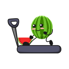 vector illustration of cute watermelon fruit fitness or character with treadmil. cute watermelon fruit Concept White Isolated. Flat Cartoon Style Suitable for Landing Page, Banner, Flyer, Sticker.