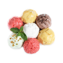 Scoops of different ice creams and mint on white background, top view