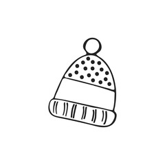 Hand-drawn winter hat, single element. Graphic doodle, sketch, outline drawing isolated on white. Vector illustration