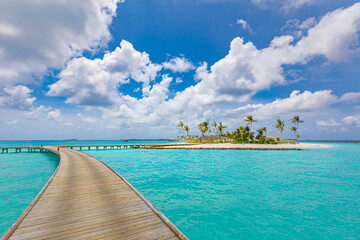 Obraz premium Maldives island, luxury water villas resort and wooden pier. Beautiful island under blue sky and clouds and beach background for summer vacation holiday and travel concept. Tropical hotel destination