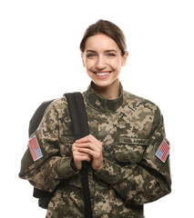 Female cadet with backpack isolated on white. Military education