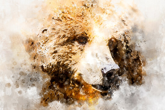 watercolor, Spanish powerful brown bear, huge and strong  wild animal