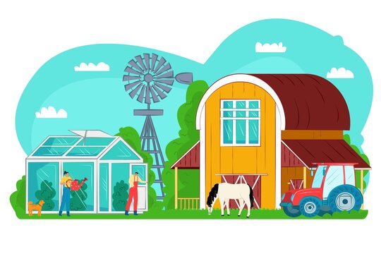 Agriculture nature at farm, greenhouse vector illustration. Farmer man character work with green plant, flat harvest design. Cartoon building