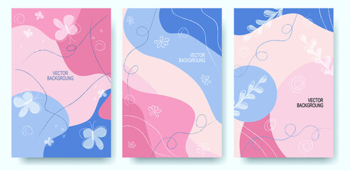 Vector set of abstract creative backgrounds with butterflies and flowers in minimalistic trendy style with copy space for text - design templates for social media stories