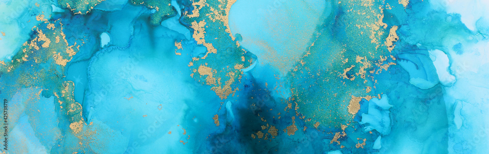 Wall mural art photography of abstract fluid painting with alcohol ink, blue and gold colors